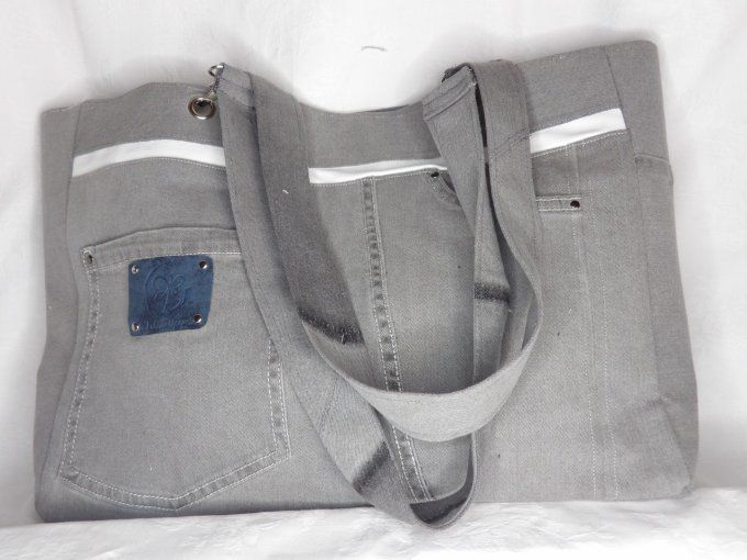 Cabas jean gris et simili blanc