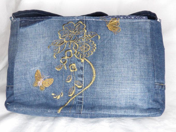 Sac Messager jean bleu et motif japonais